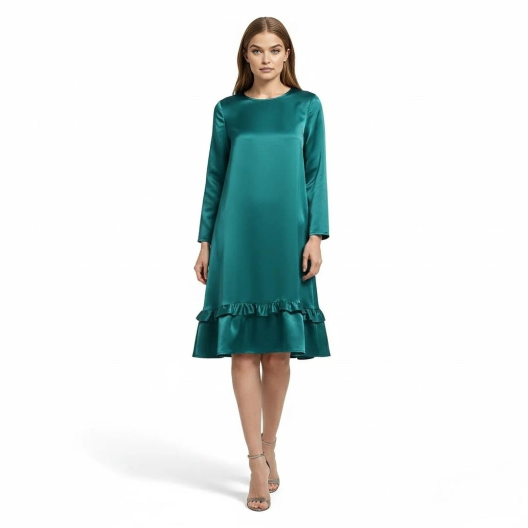Women’s Satin Dress with Long Sleeves and Ruffle Hem