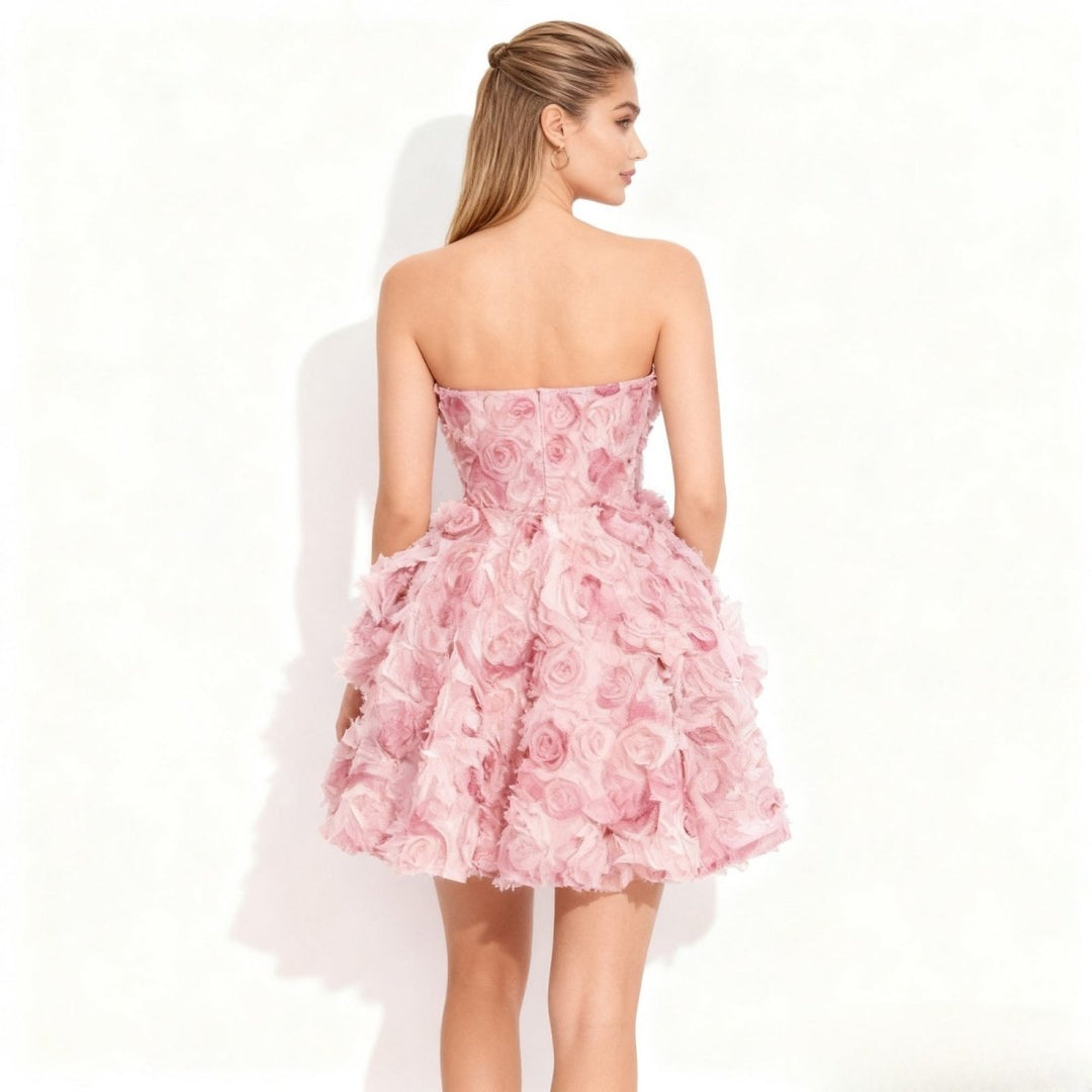 Women’s Strapless Mini Cocktail Dress with Hand-Sculpted Rosettes