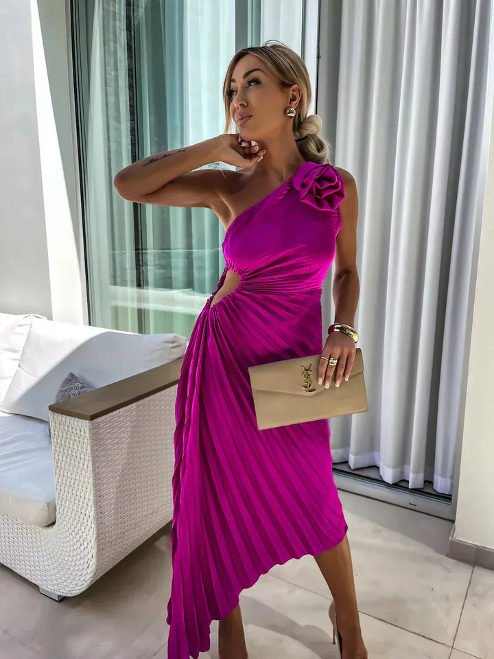 Women's Pleated One Shoulder Midi Dress