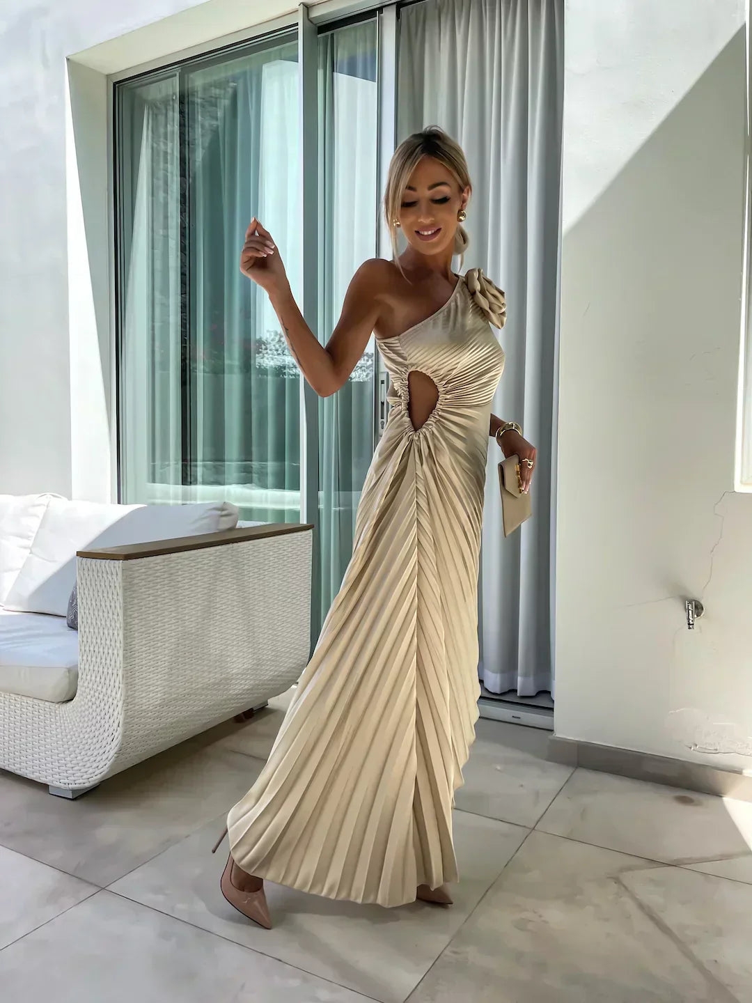 Women's Pleated One Shoulder Midi Dress