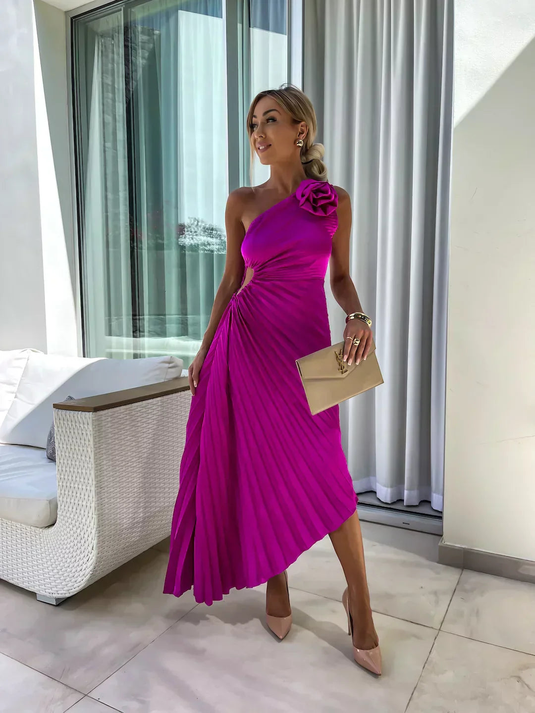 Women's Pleated One Shoulder Midi Dress