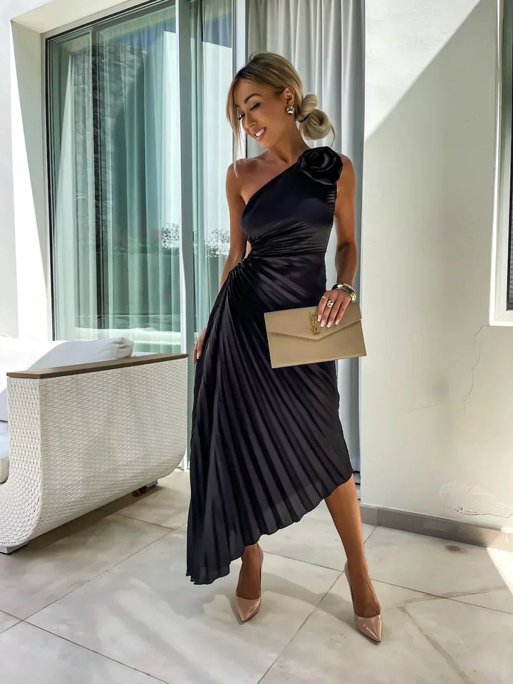 Women's Pleated One Shoulder Midi Dress