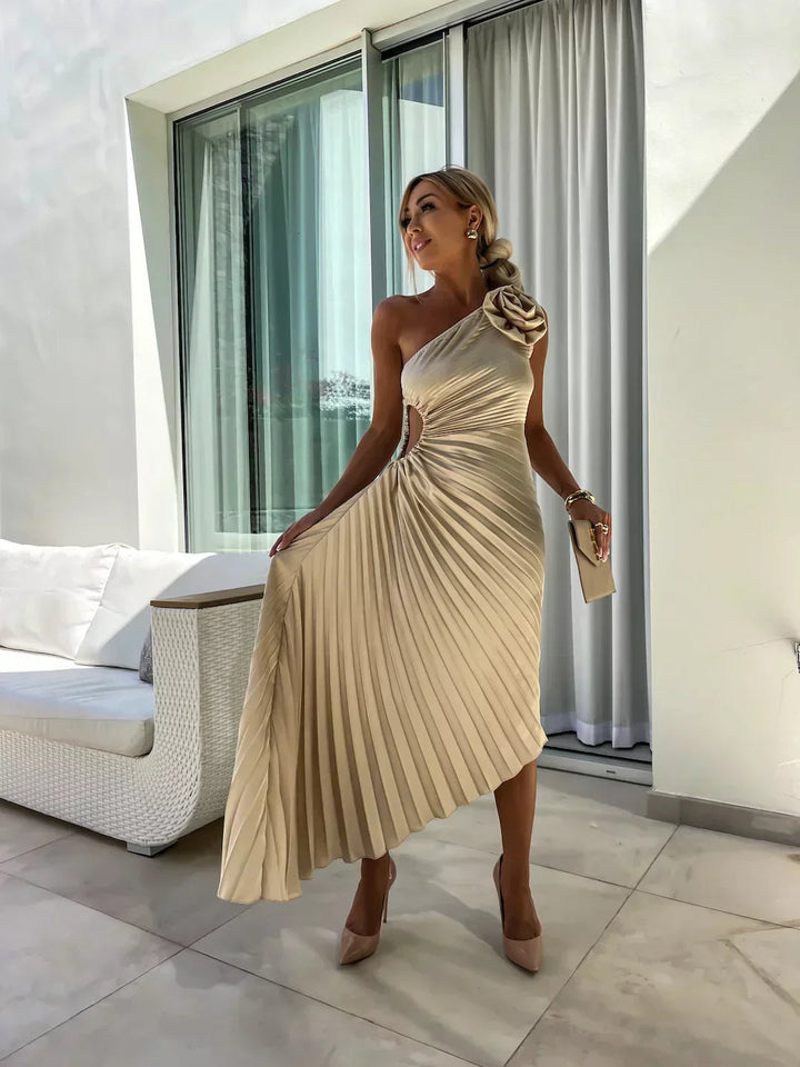 Women's Pleated One Shoulder Midi Dress