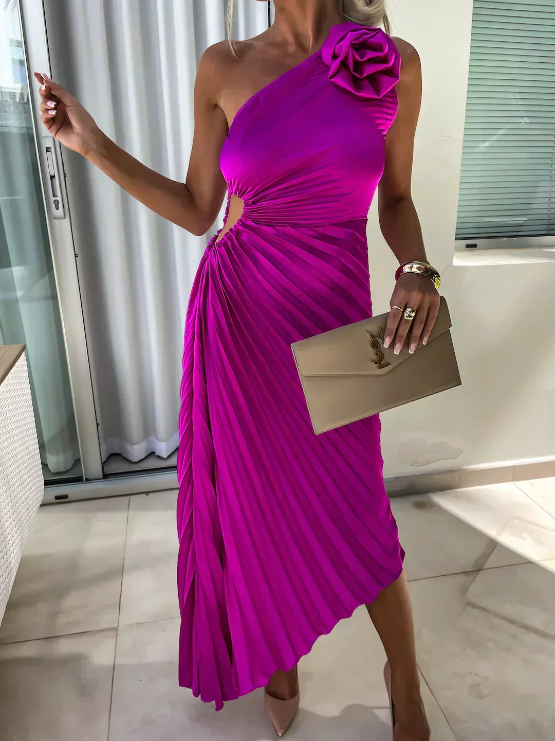 Women's Pleated One Shoulder Midi Dress