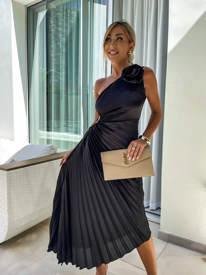 Women's Pleated One Shoulder Midi Dress