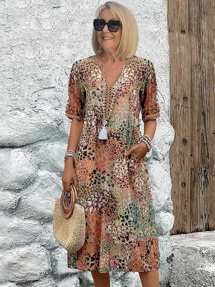 Women's Printed V-Neck A-Line Midi Dress