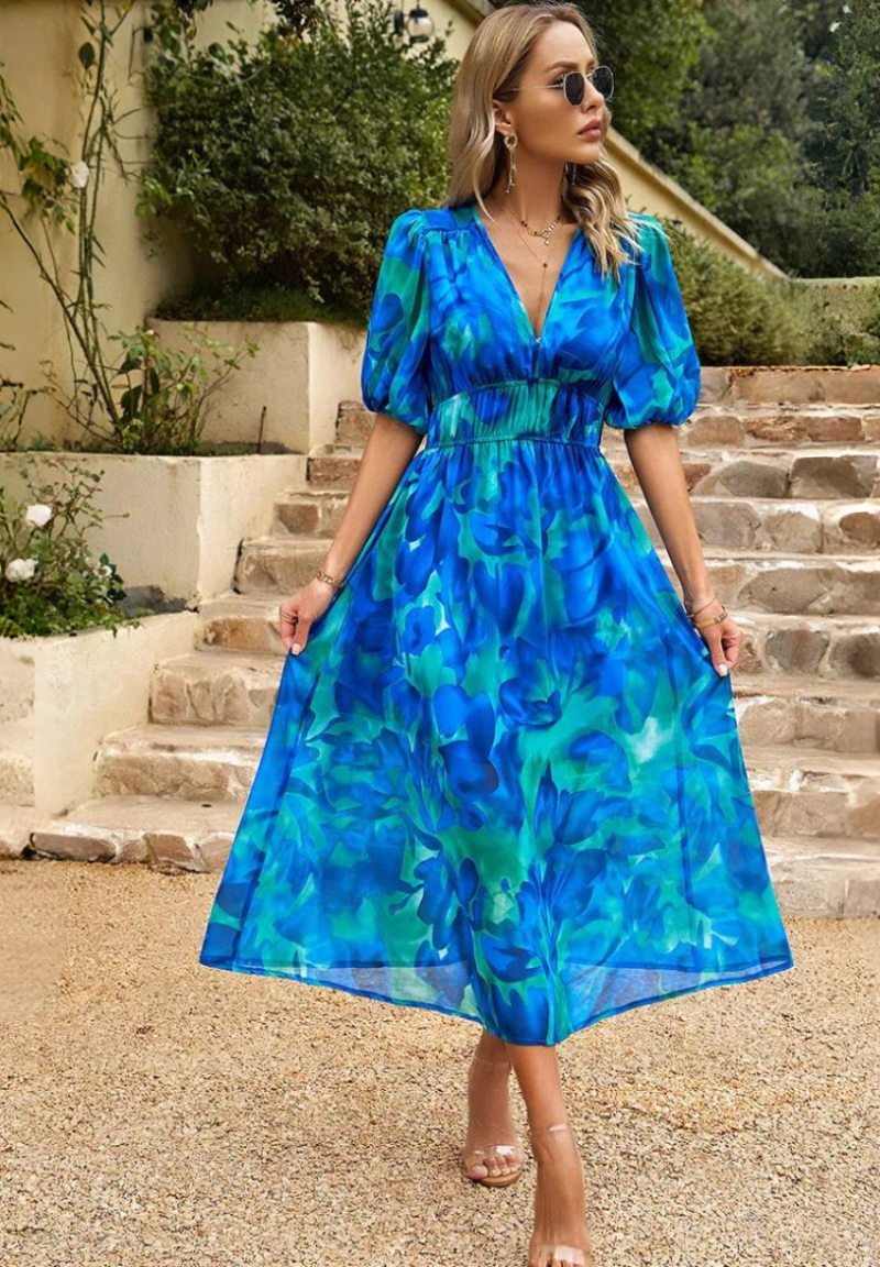 Women's V-Neck Floral A-Line Midi Dress
