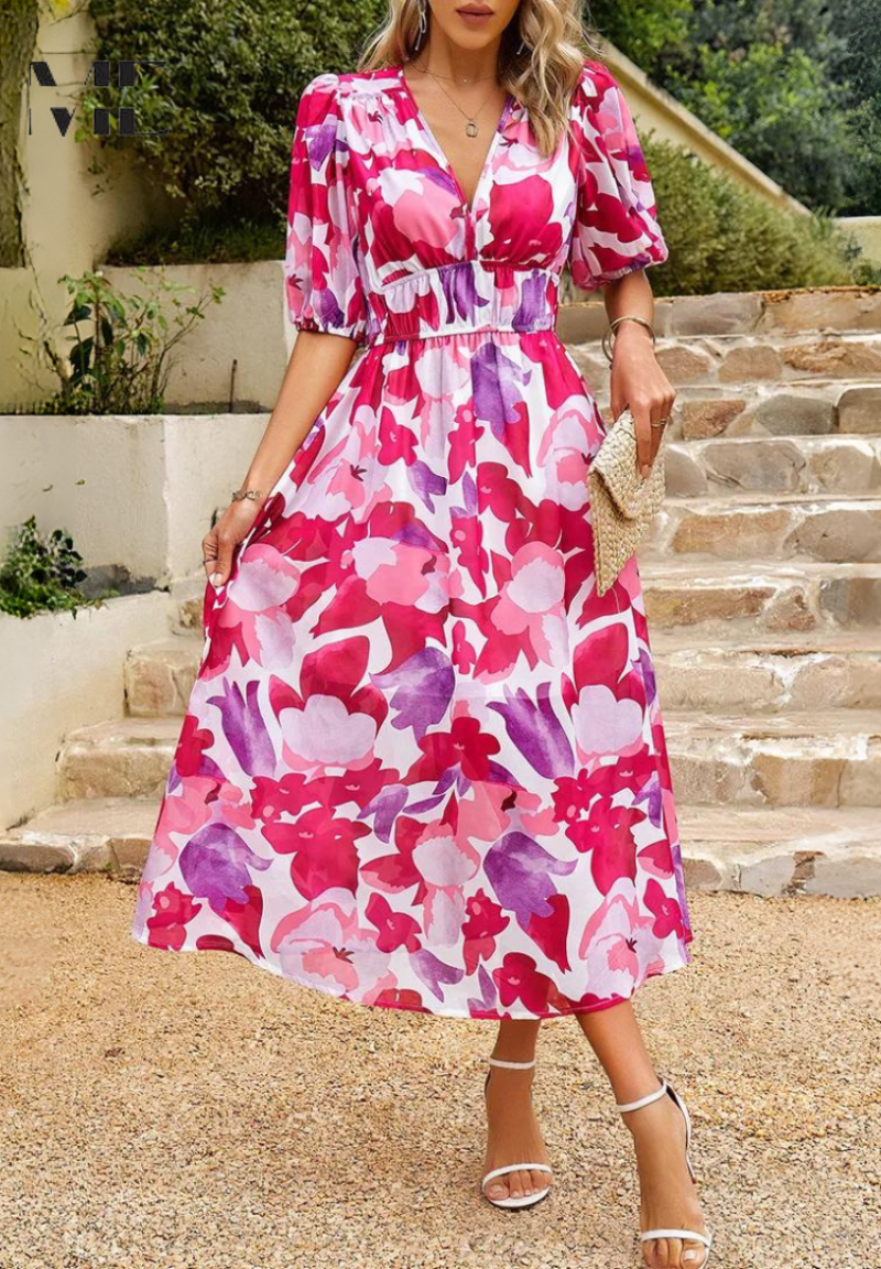 Women's V-Neck Floral A-Line Midi Dress