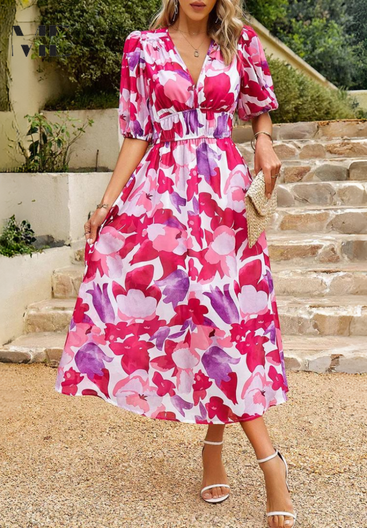 Women's V-Neck Floral A-Line Midi Dress