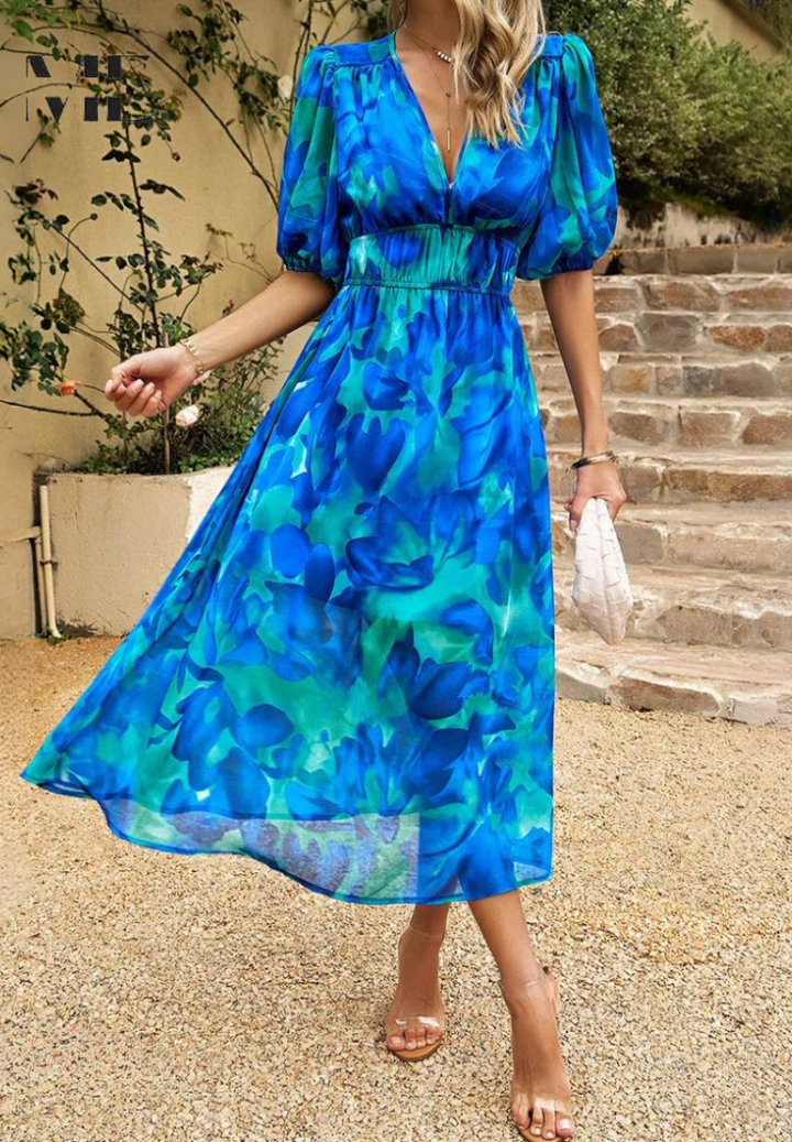 Women's V-Neck Floral A-Line Midi Dress