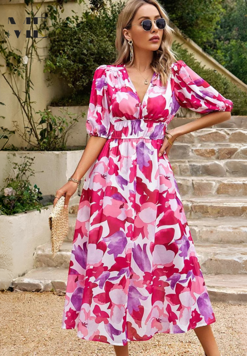 Women's V-Neck Floral A-Line Midi Dress