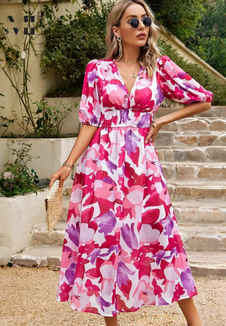 Women's V-Neck Floral A-Line Midi Dress