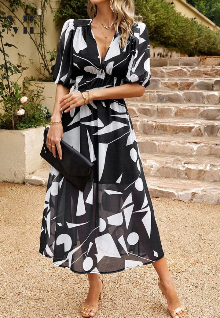 Women's V-Neck Floral A-Line Midi Dress