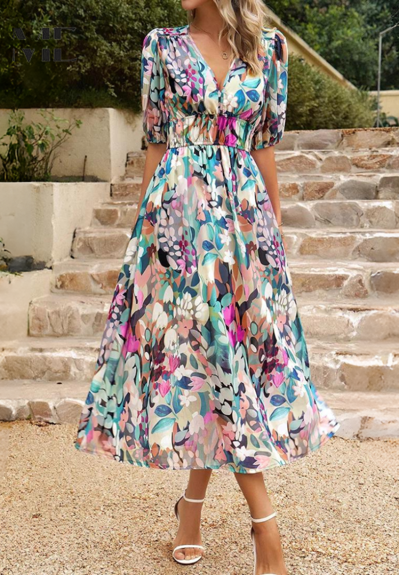 Women's V-Neck Floral A-Line Midi Dress