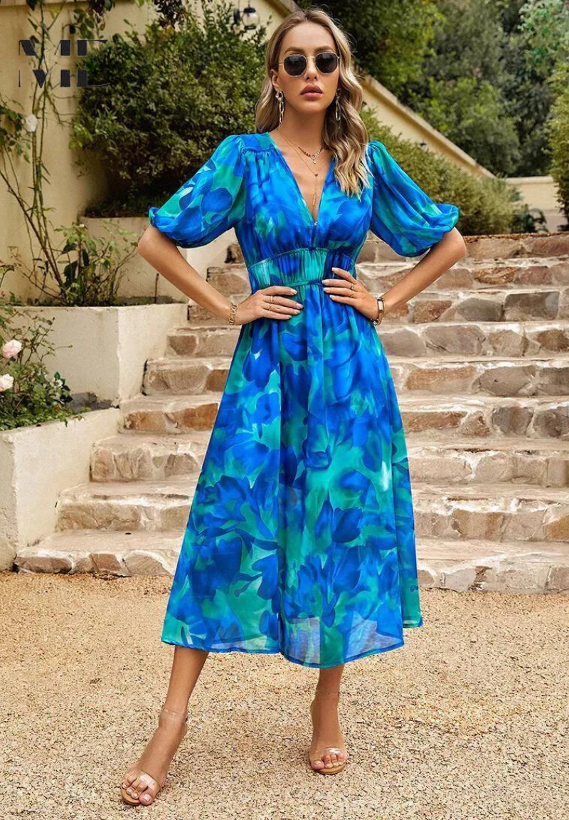 Women's V-Neck Floral A-Line Midi Dress