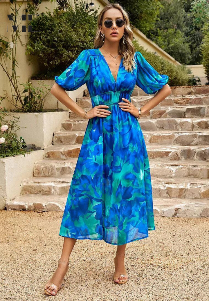 Women's V-Neck Floral A-Line Midi Dress