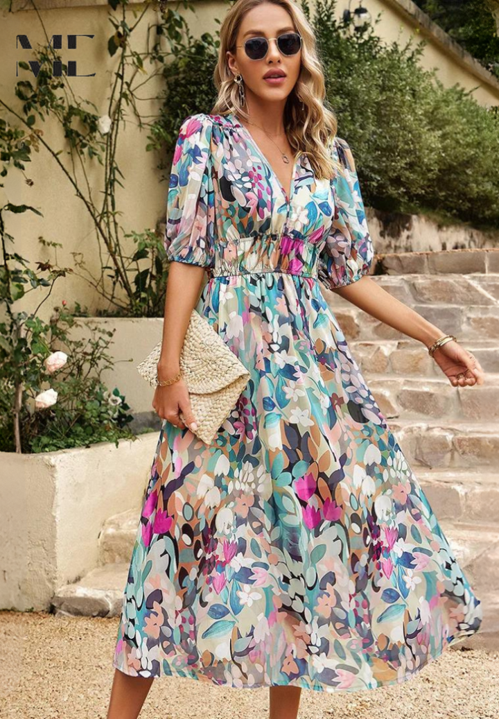 Women's V-Neck Floral A-Line Midi Dress