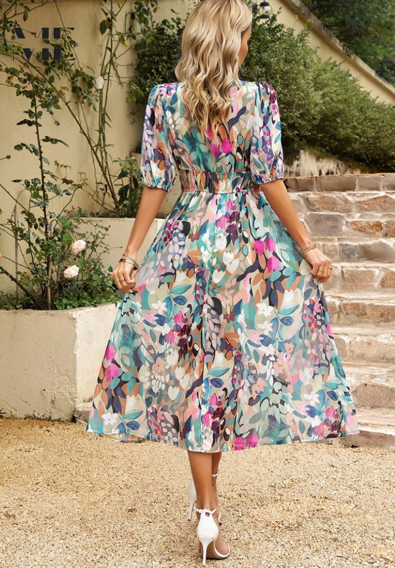 Women's V-Neck Floral A-Line Midi Dress