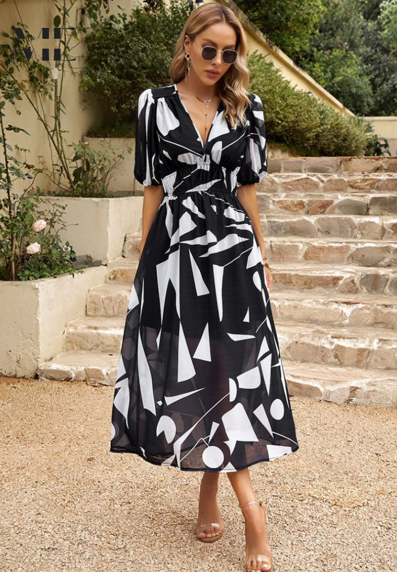Women's V-Neck Floral A-Line Midi Dress