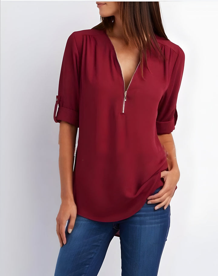Women's Zipper Front Roll Tab Sleeve Blouse