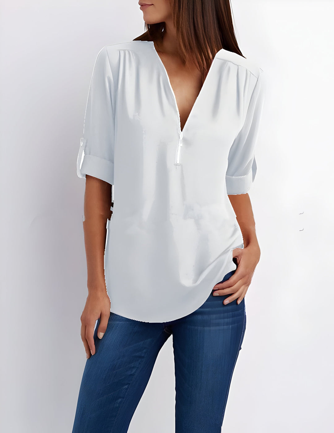 Women's Zipper Front Roll Tab Sleeve Blouse