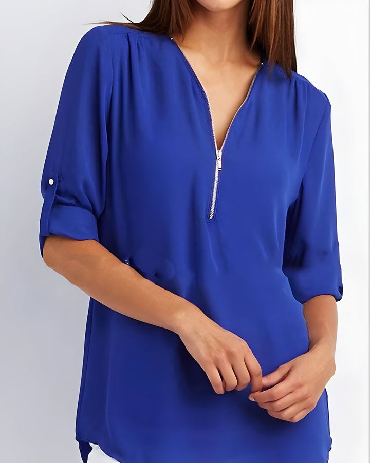 Women's Zipper Front Roll Tab Sleeve Blouse