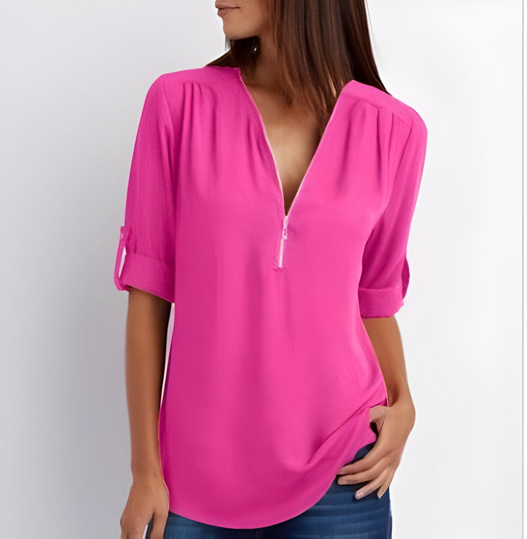 Women's Zipper Front Roll Tab Sleeve Blouse