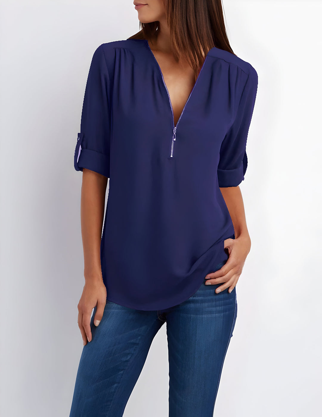 Women's Zipper Front Roll Tab Sleeve Blouse