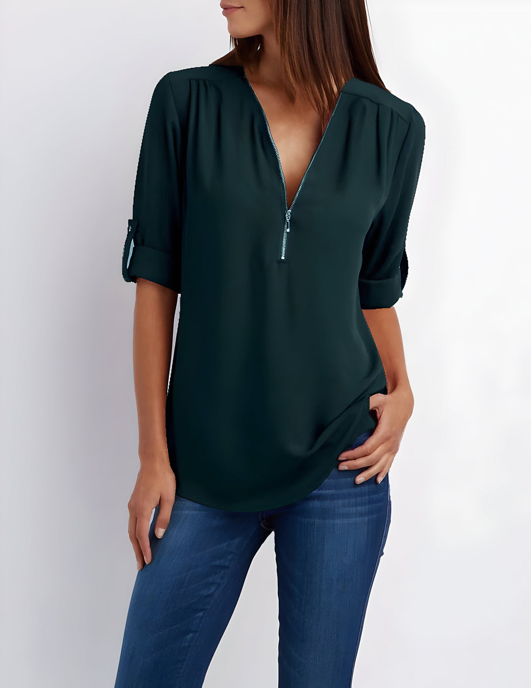 Women's Zipper Front Roll Tab Sleeve Blouse