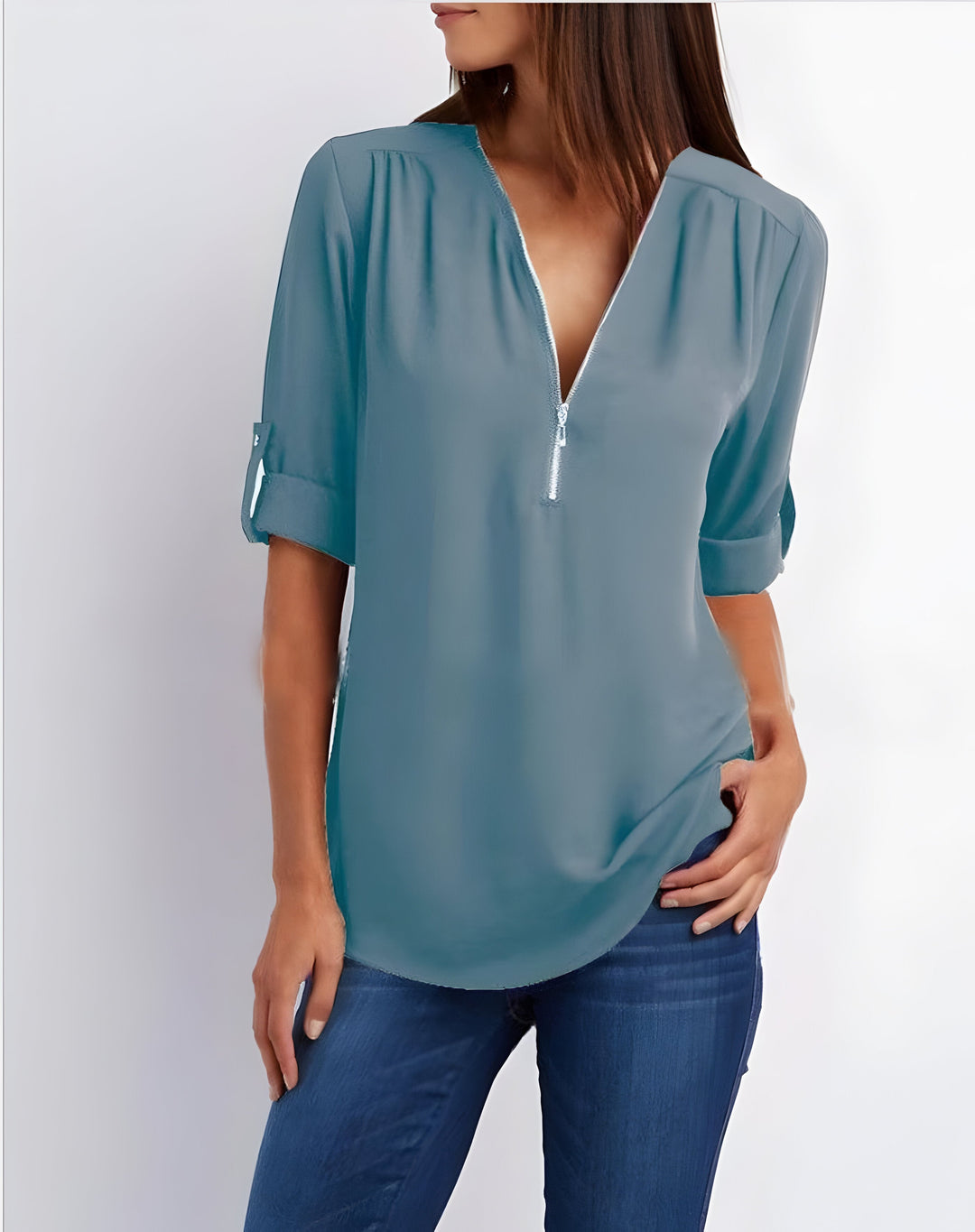 Women's Zipper Front Roll Tab Sleeve Blouse