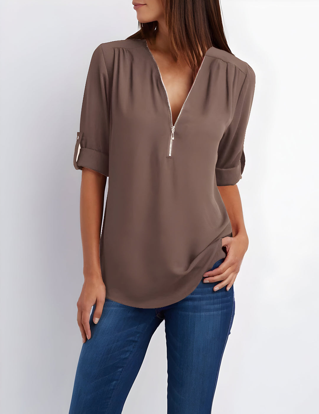 Women's Zipper Front Roll Tab Sleeve Blouse