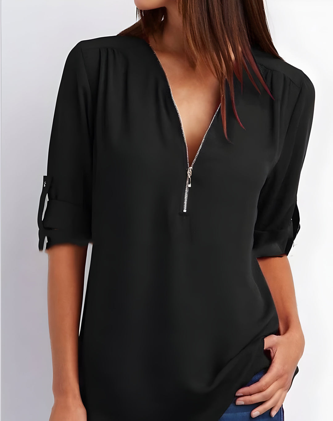 Women's Zipper Front Roll Tab Sleeve Blouse