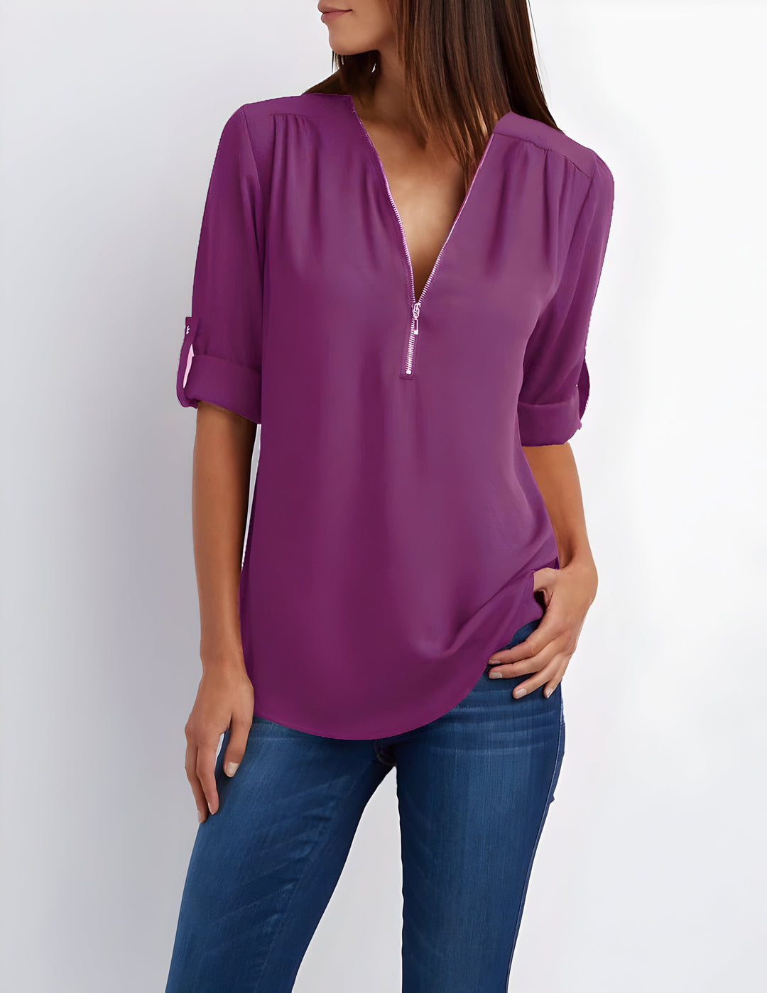 Women's Zipper Front Roll Tab Sleeve Blouse