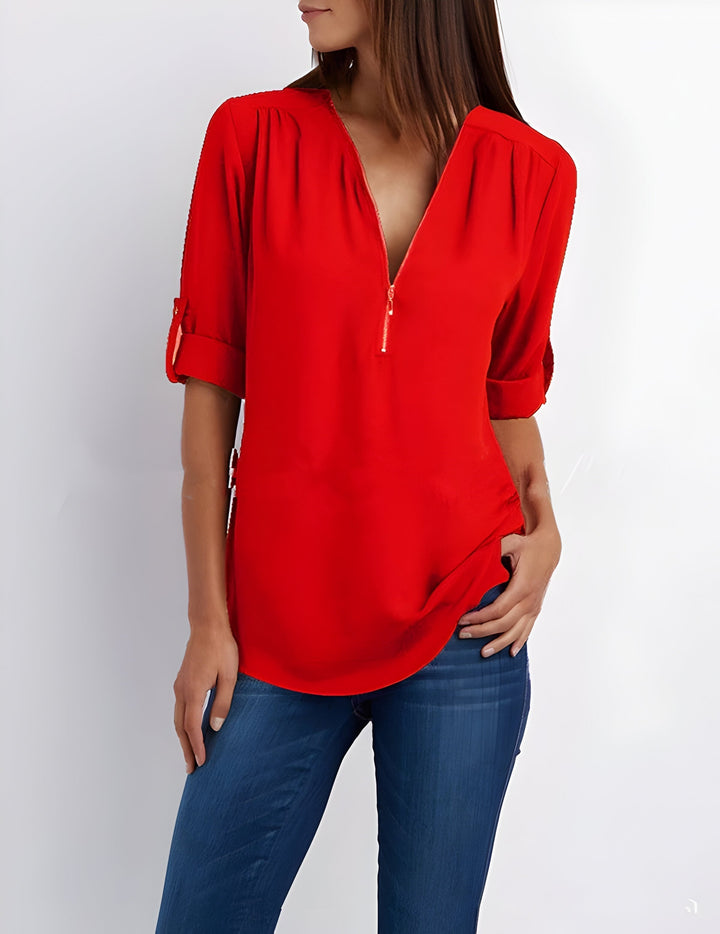 Women's Zipper Front Roll Tab Sleeve Blouse