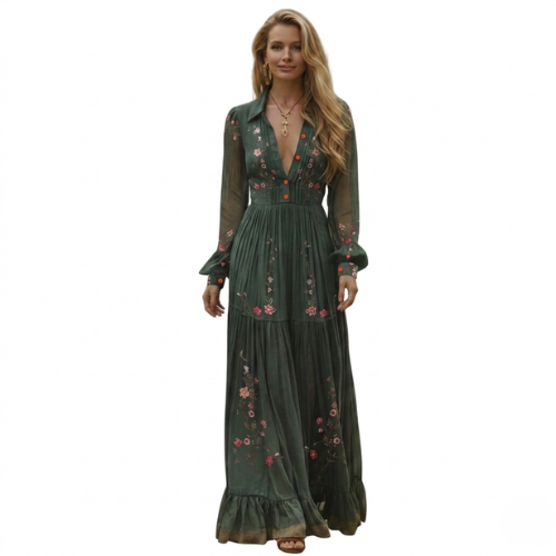 Women's Long-Sleeve Boho Maxi Dress