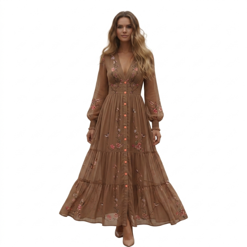 Women's Long-Sleeve Boho Maxi Dress