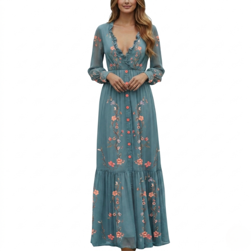 Women's Long-Sleeve Boho Maxi Dress