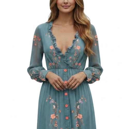 Women's Long-Sleeve Boho Maxi Dress